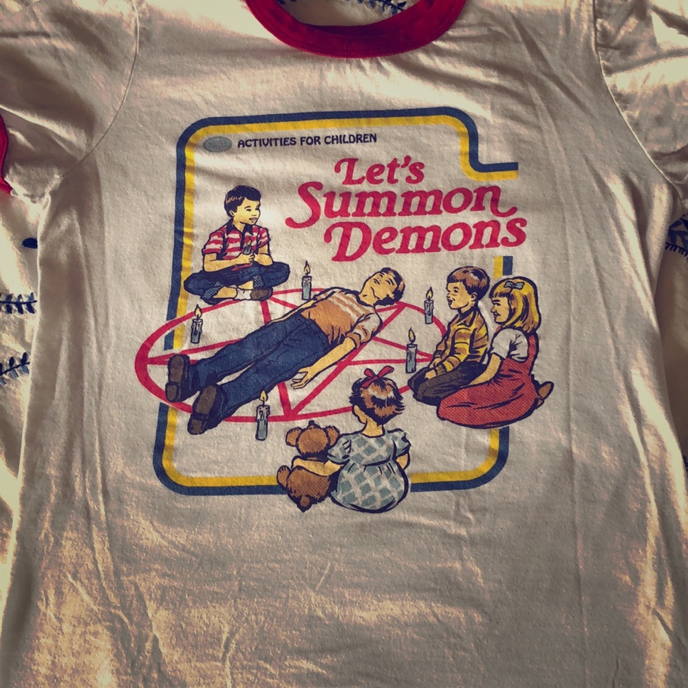 Let’s Summon Demons red ringer white tshirt